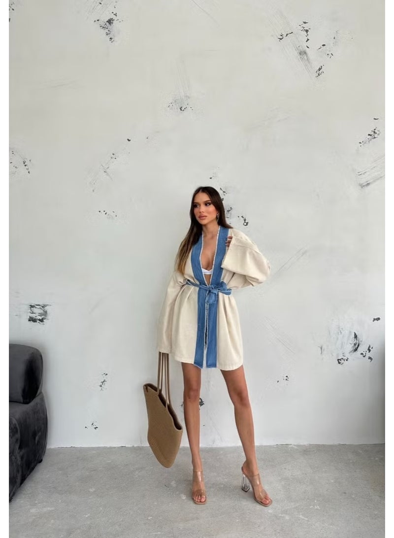 Ded Collection Women's Denim Detailed Linen Summer Kimono with Waist Tie - Image 4